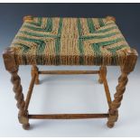 A string-topped oak stool, 38 x 30 x 38 cm