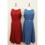 Two vintage Droopy & Browns corduroy dresses, one having a floral enameled belt clip, label size 14