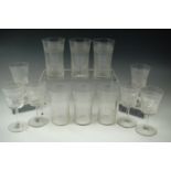 Six Edwardian etched glass tumblers together with six similar sherry glasses