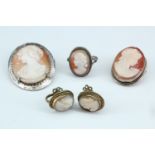 Two shell cameo brooches, a ring and clip earrings