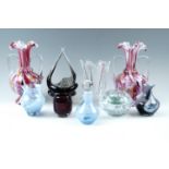 Two Studio glass vases, (23 cm), a basket, Caithness scent bottle etc, (9)