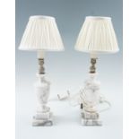 A pair of turned alabaster table lamps, 42 cm