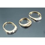 Three various diamond and other rings, variously having 18ct gold and yellow metal shanks, (a/f),