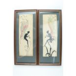 A pair of pen, ink and watercolour silhouettes of fairies, depicted playing wind instruments while