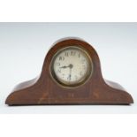 A small early 20th Century inlaid mahogany Napoleon's hat shaped mantle clock, 26 cm x 13 cm