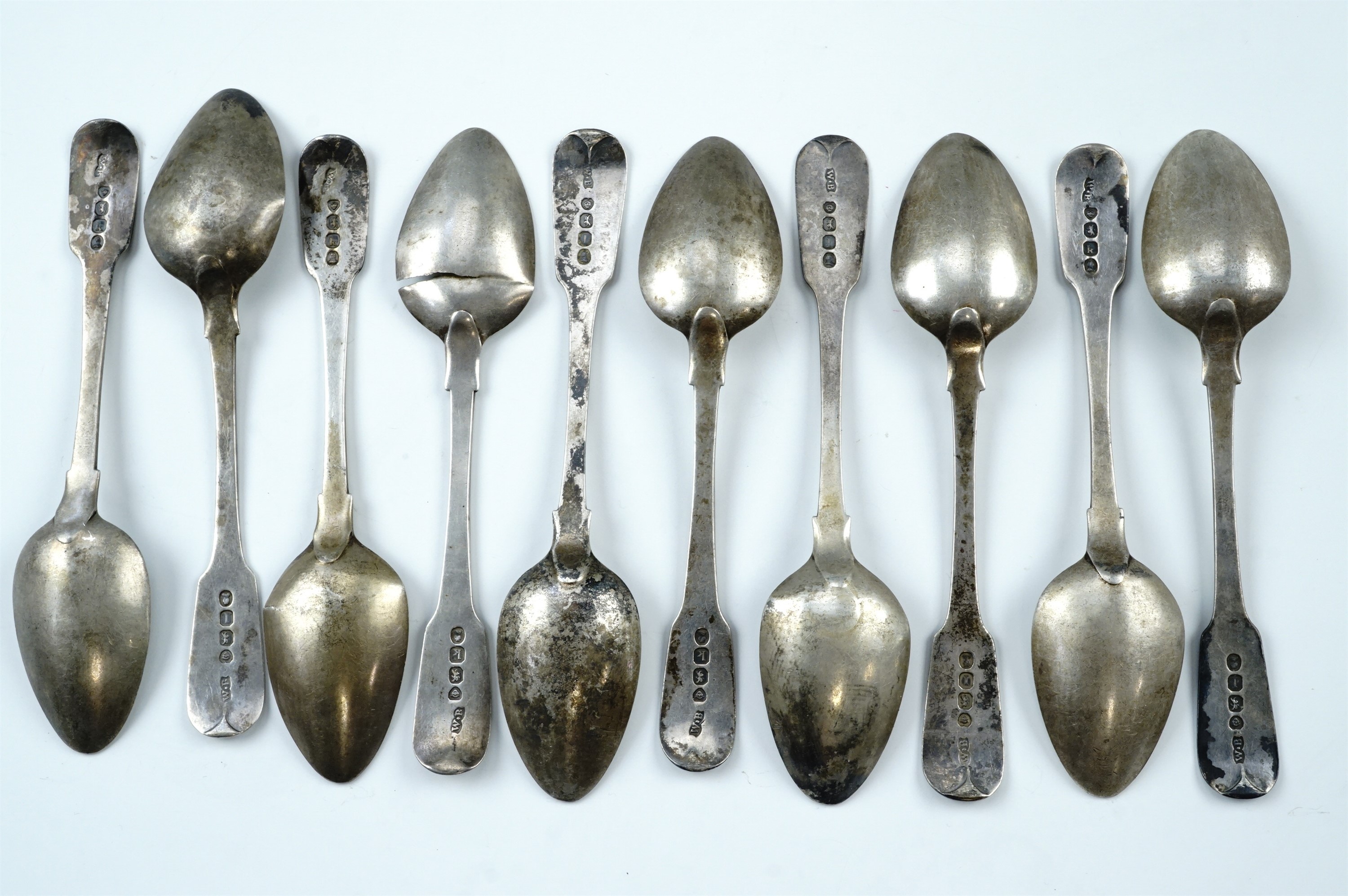 William Bateman, a set of 10 Regency fiddle pattern silver teaspoons, London, 1825 / 1826, 168 g, ( - Image 4 of 4