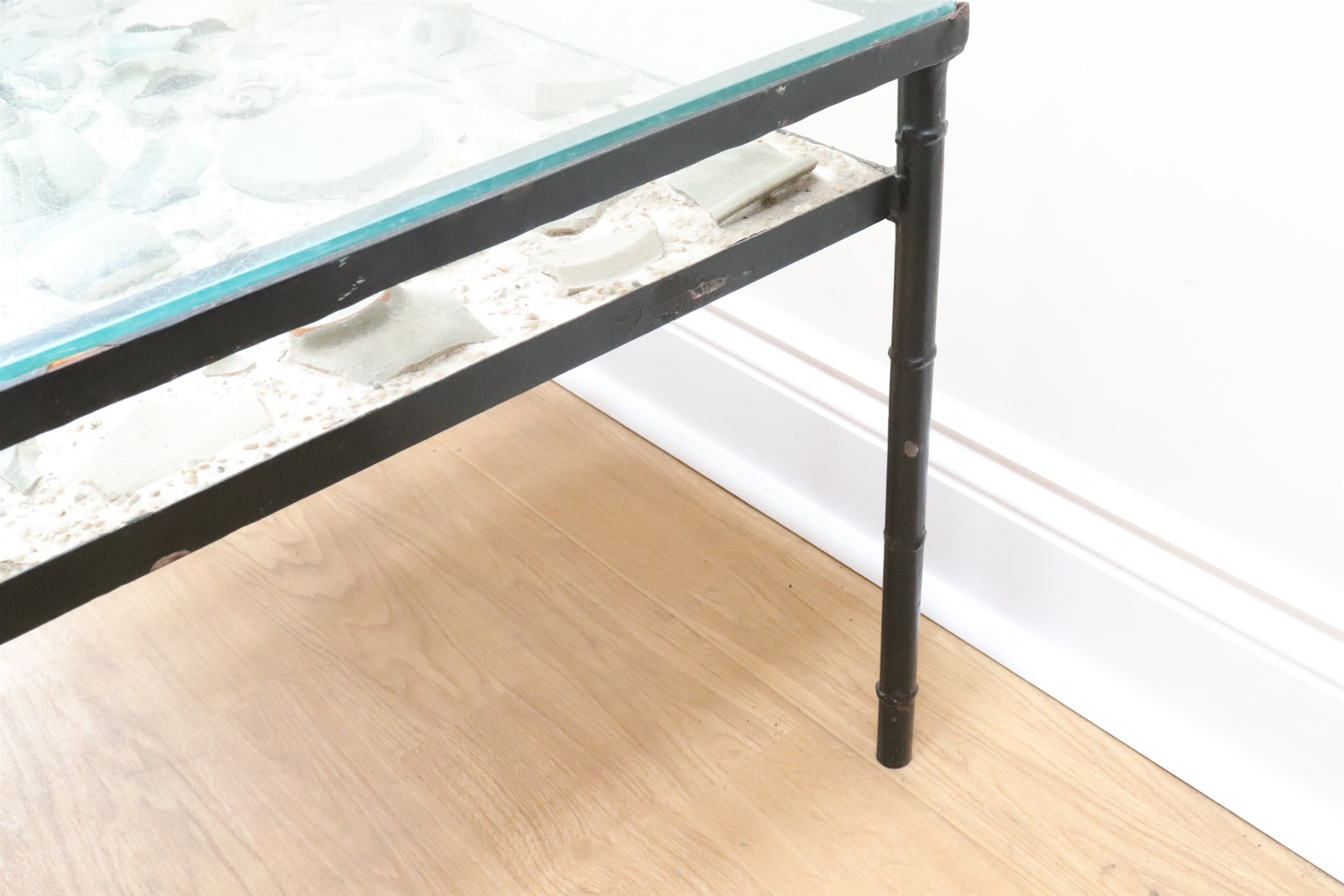 A late 20th Century glass topped coffee table incorporating a shelf set with shards of Chinese - Image 5 of 8