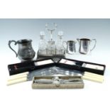 A group of period electroplate including a cut glass cruet set and stand, a Victorian EPBM