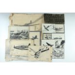 A large number of Second World War sketches of military aircraft, personnel and battles, in graphite