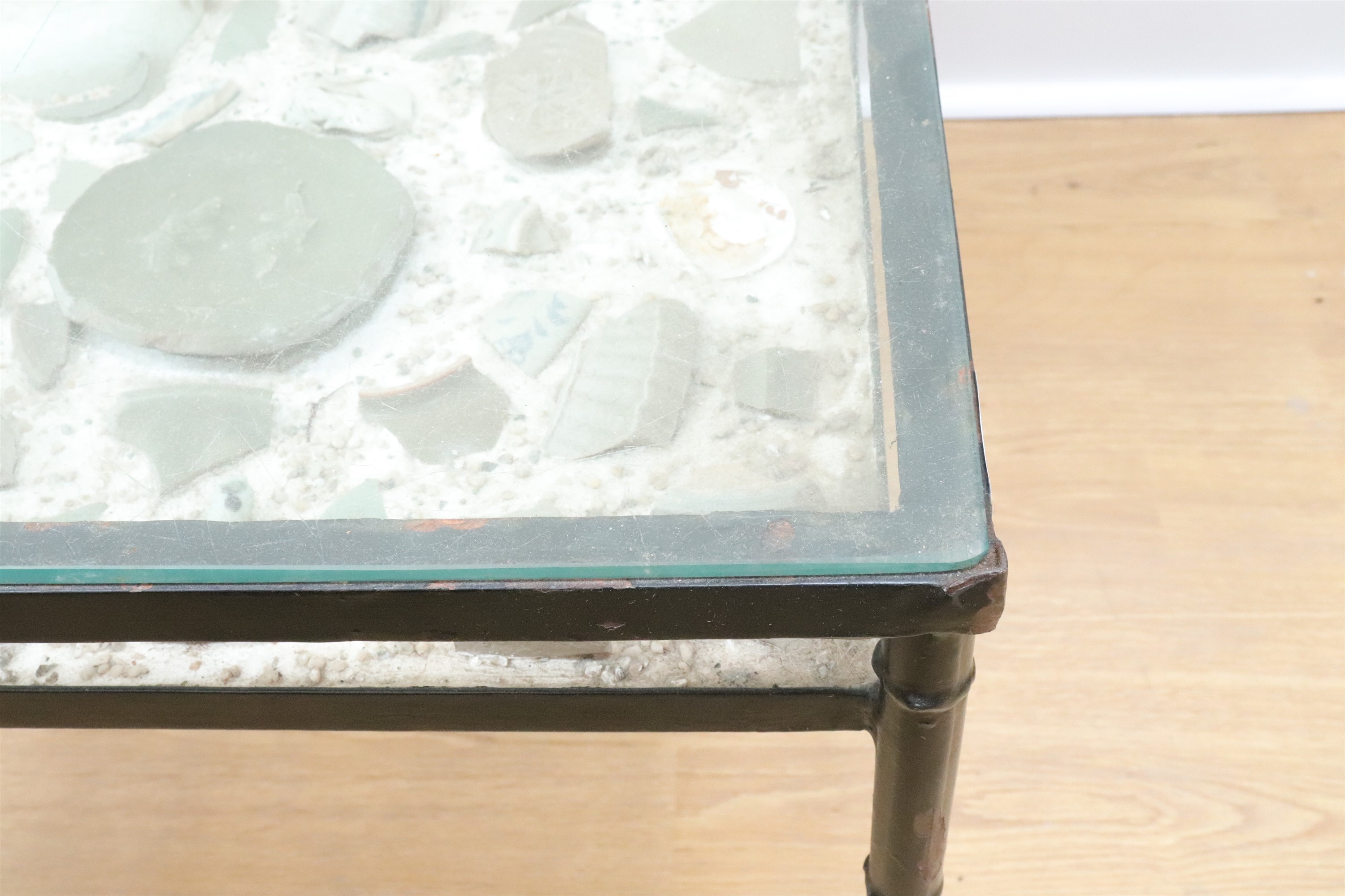 A late 20th Century glass topped coffee table incorporating a shelf set with shards of Chinese - Image 3 of 8