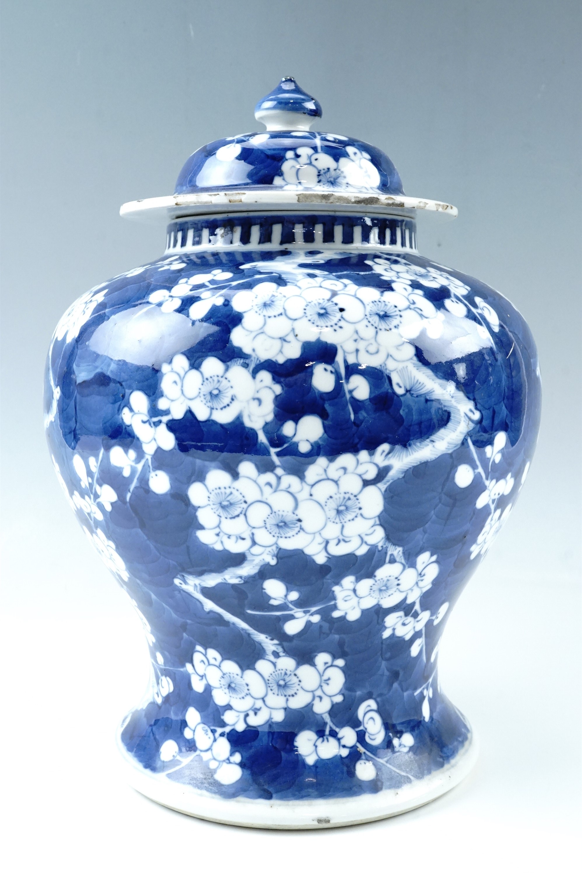 A Quing Chinese prunus pattern covered jar, four character Kangxi marks to base, (a/f), 28 cm