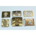 Six various military waist belt clasps / buckles