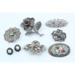 A group of vintage micro-mosaic, filigree, marcasite and diamante brooches together with a pair of