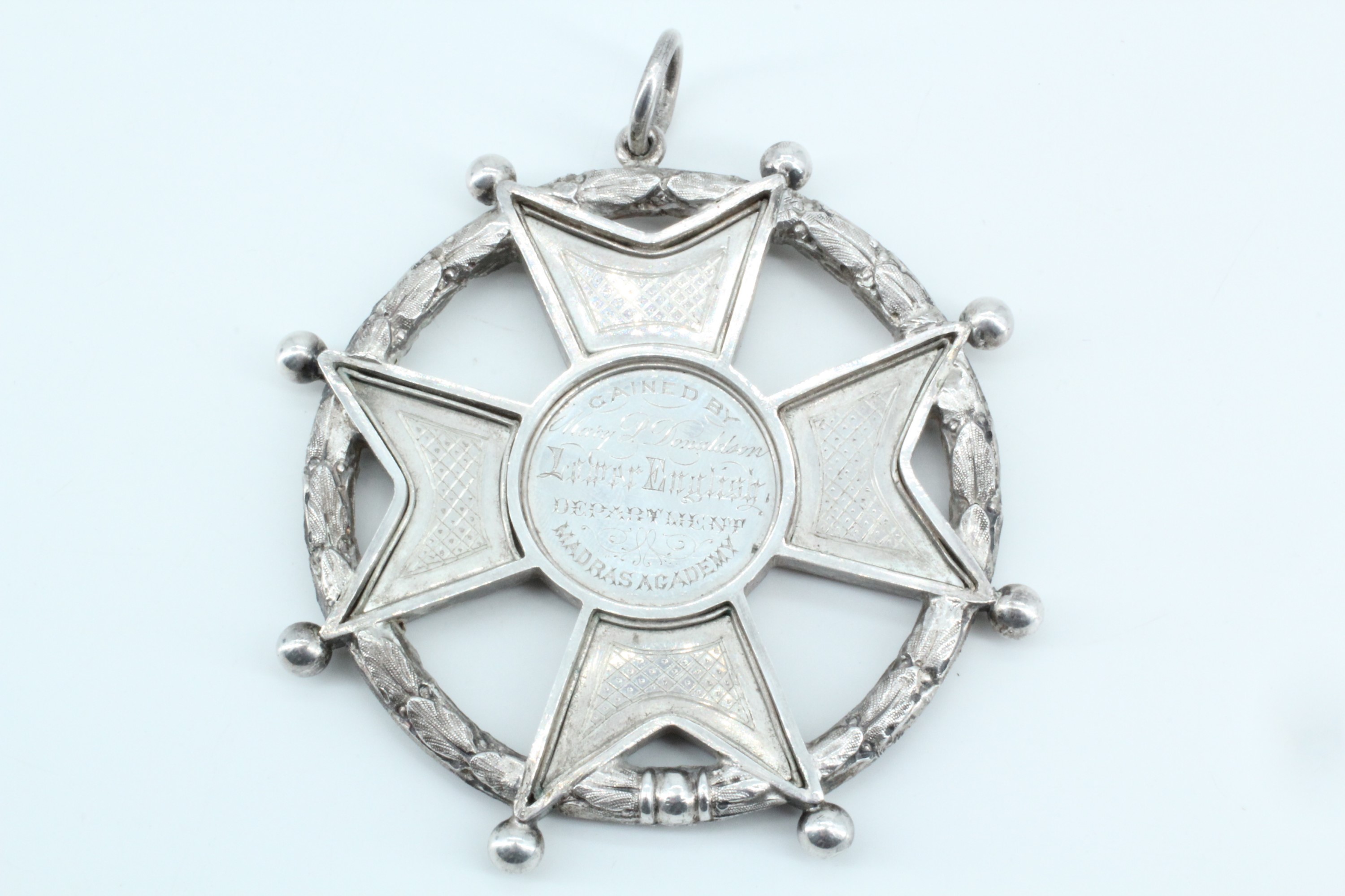 An uncommonly large Victorian white metal prize medallion, in the form of a Maltese cross within a - Image 3 of 5