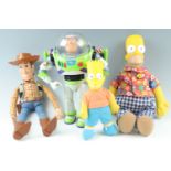 Two Toy Story figures, Buzz Lightyear and Woody, together with Bart and Homer Simpson figures