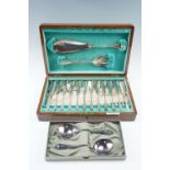A cased set of Sorley fish servers & fish eaters, boxed Romney plate serving spoons