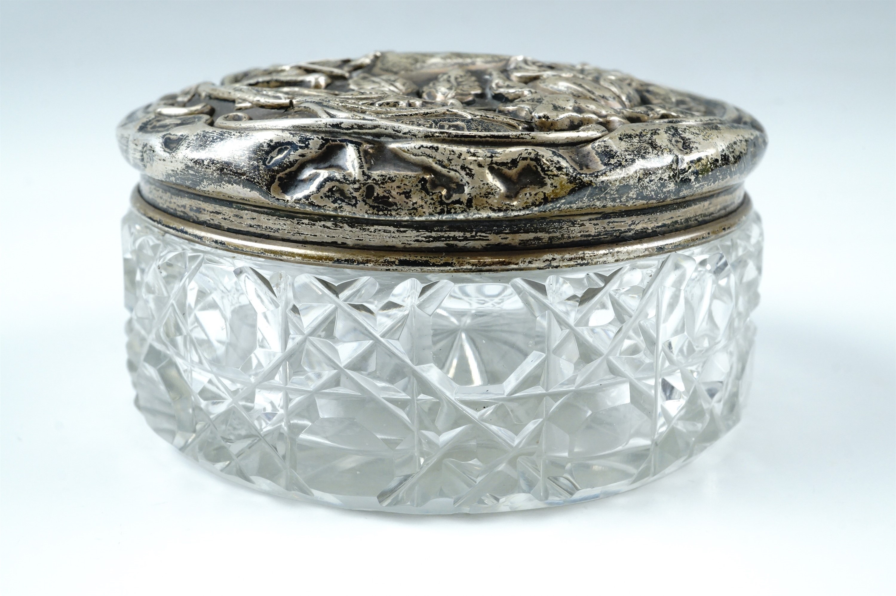 A silver-lidded cut glass dressing table tidy, the cover relief decorated in depiction of roses - Image 2 of 4