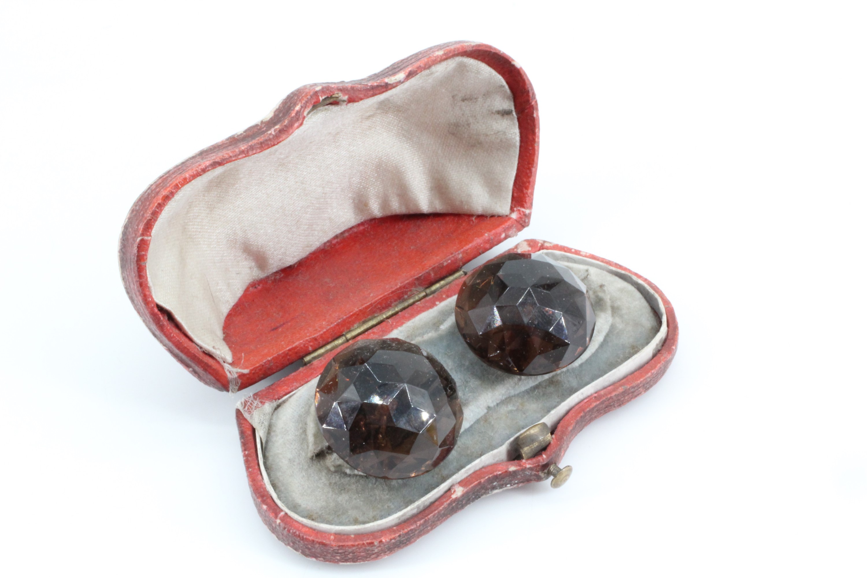 A cased pair of late Victorian faceted smoky quartz studs, 22 mm