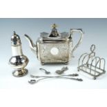 An Aesthetic influenced Victorian electroplated teapot, John Round and Son, of square form with