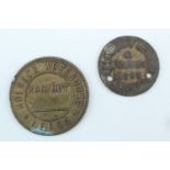A Holbeck Workhouse Leeds haircut brass token, together with a Cleveland Miners' and Quarry men's