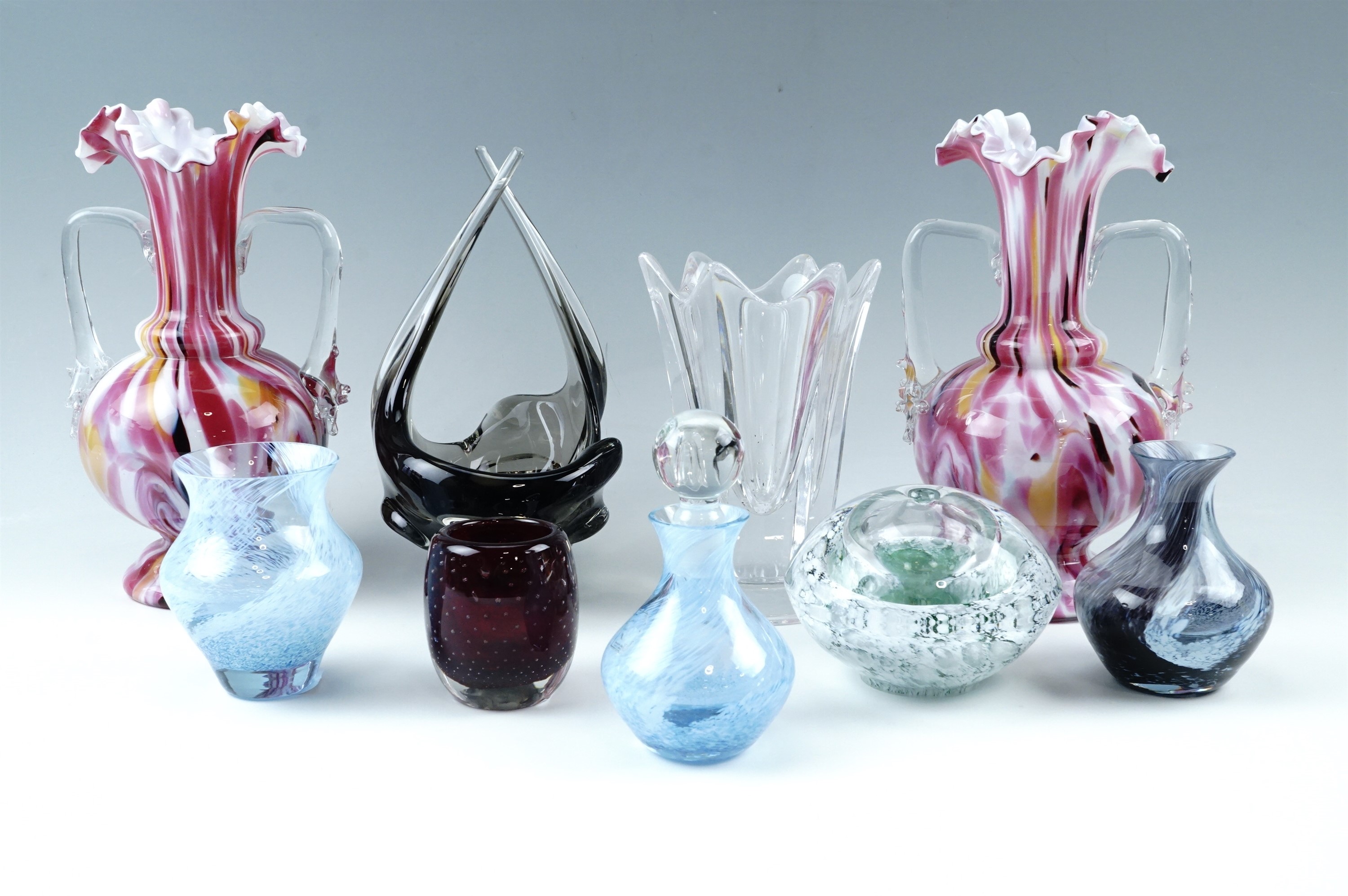 Two Studio glass vases, (23 cm), a basket, Caithness scent bottle etc, (9) - Image 2 of 2