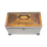 A late Georgian marquetry-inlaid rosewood three-compartment tea caddy, of sarcophagus form, the