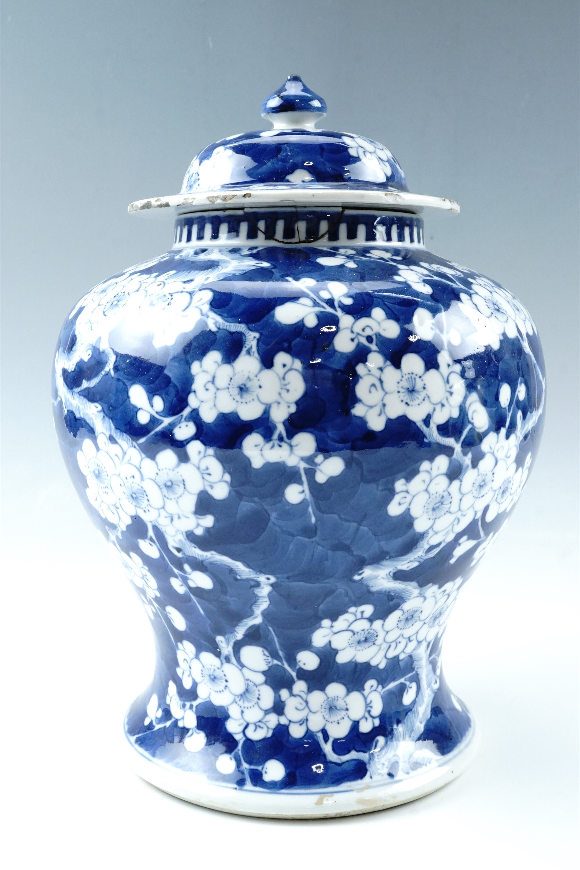 A Quing Chinese prunus pattern covered jar, four character Kangxi marks to base, (a/f), 28 cm - Image 5 of 8
