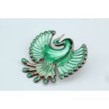 David-Anderson, 1970s green guilloche enamel bird of paradise brooch, marked verso "David-Anderson