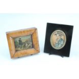 A 19th Century watercolour portrait miniature of a vagabond, unsigned, oval in a square ebonised