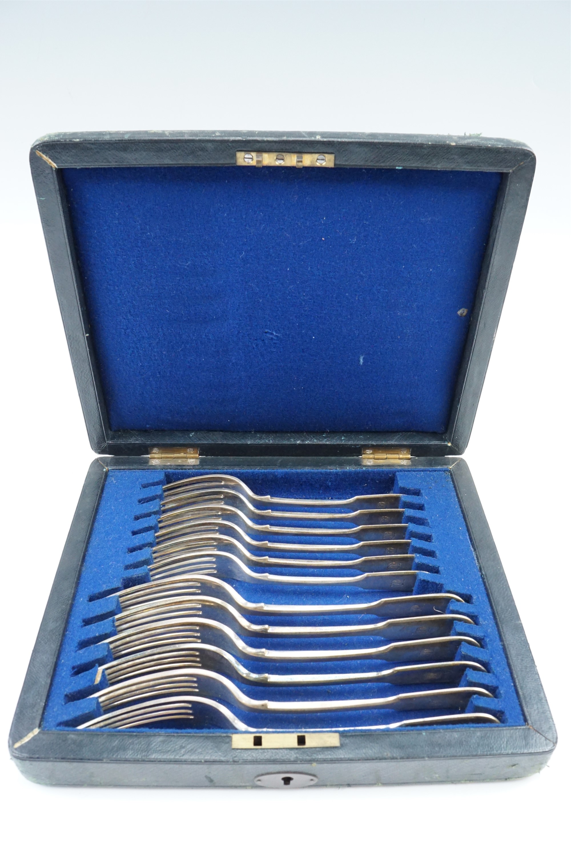 A cased set of Victorian fiddle pattern silver table and desert forks, six place settings, London, - Image 4 of 6