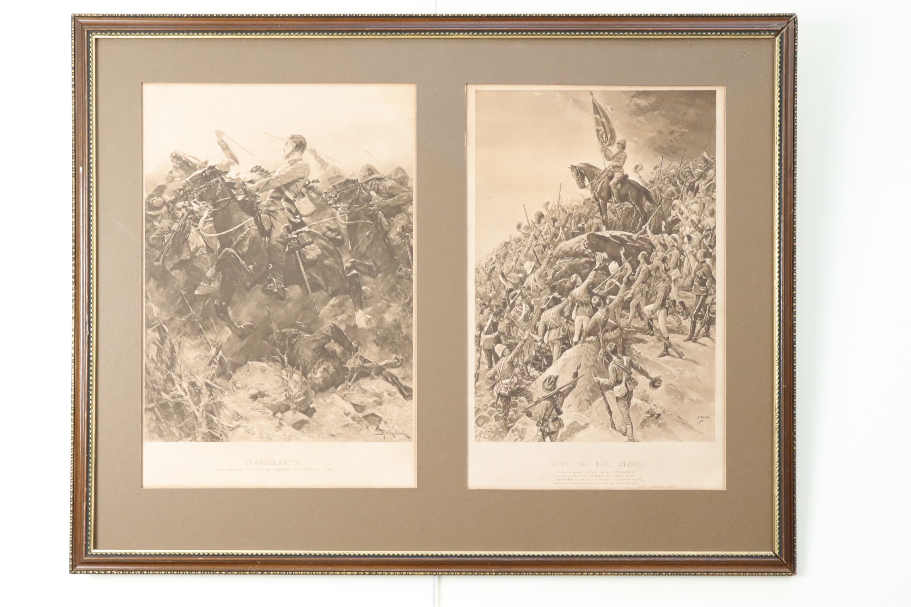A framed pair of Boer War period sepia prints, "Elandslaagte, the Charge of the 5th Lancers, October
