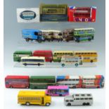 A large quantity of Corgi and Matchbox die cast model buses ( 2 trays)