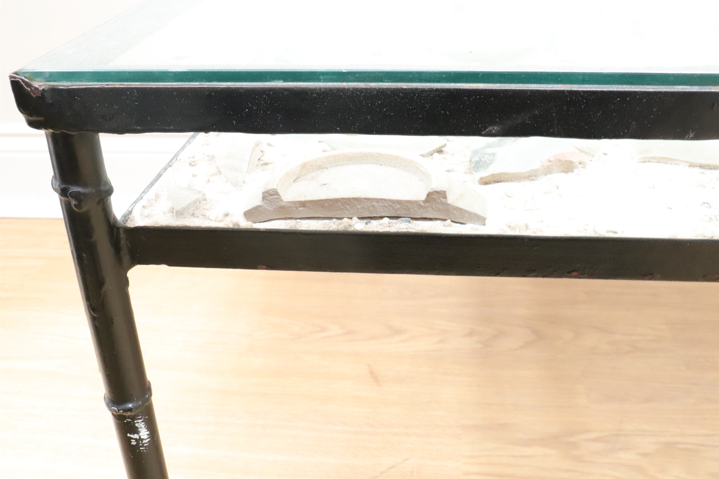 A late 20th Century glass topped coffee table incorporating a shelf set with shards of Chinese - Image 6 of 8