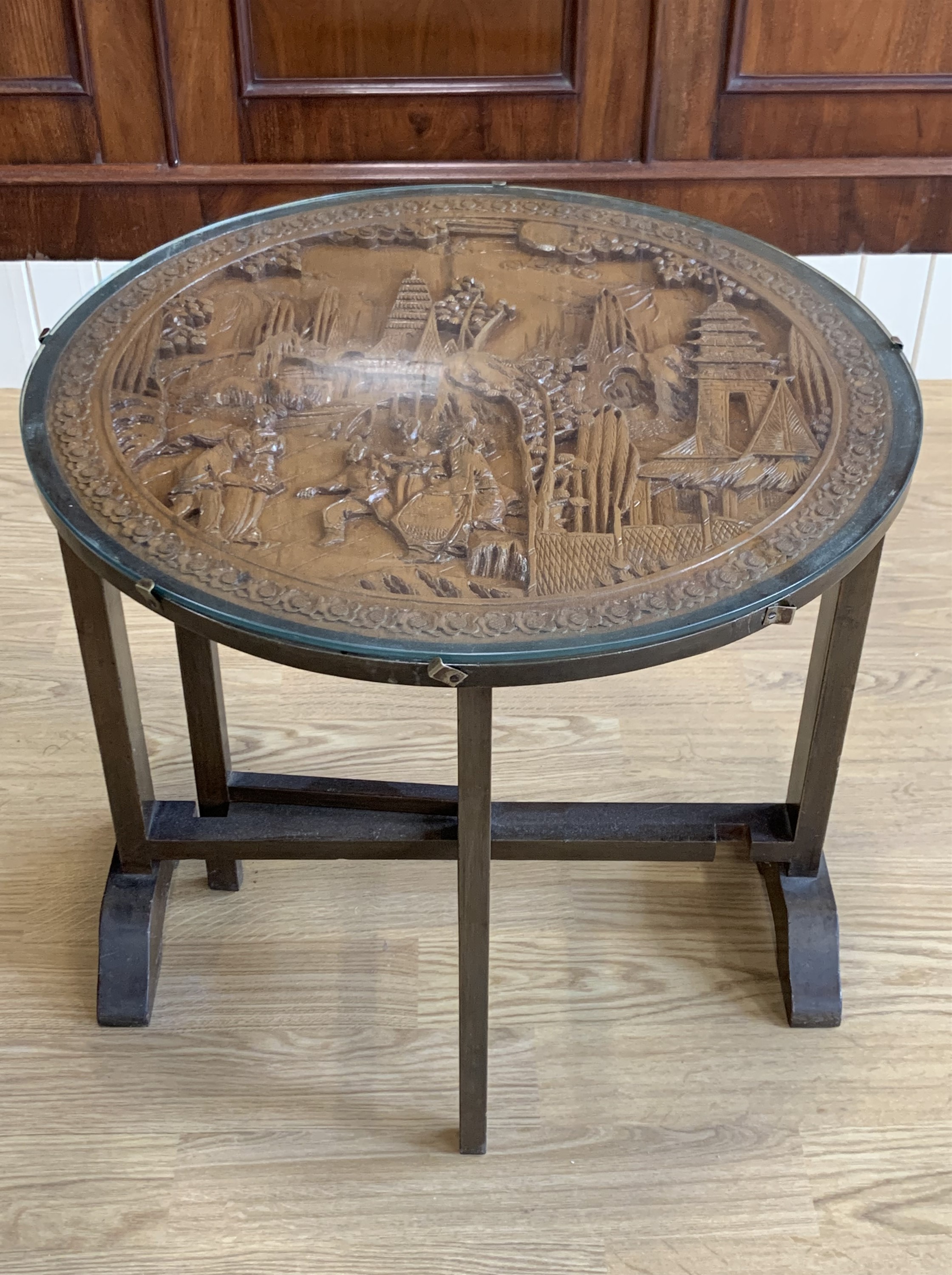 A mid-20th Century Chinese glass-topped carved hardwood folding table / screen, 61 cm x 59 cm