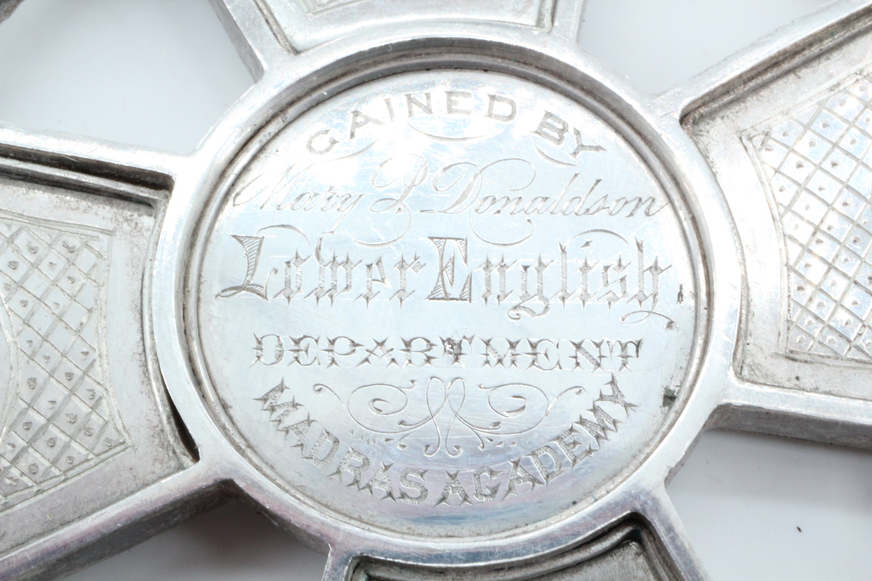 An uncommonly large Victorian white metal prize medallion, in the form of a Maltese cross within a - Image 5 of 5