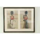 A pair of early Victorian watercolour tinted aquatint studies of Coldstream Guards, in card mount