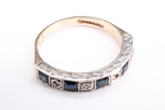 A diamond and sapphire half-hoop eternity ring comprising five square cut sapphires of approximately