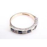 A diamond and sapphire half-hoop eternity ring comprising five square cut sapphires of approximately