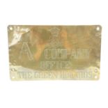 An "A Company Office, The Green Howards" engraved brass door sign, early-to-mid 20th Century, 15