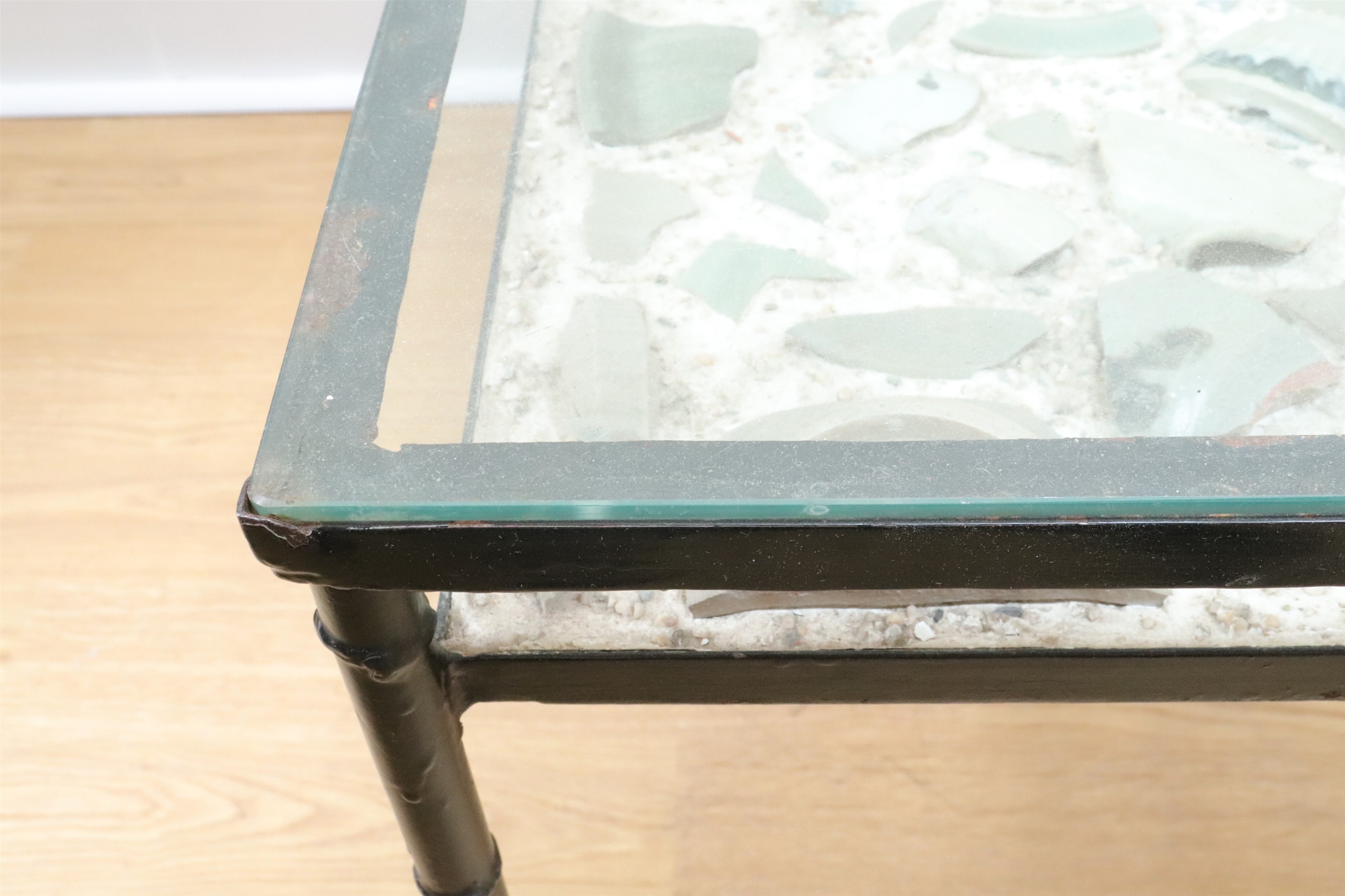 A late 20th Century glass topped coffee table incorporating a shelf set with shards of Chinese - Image 2 of 8