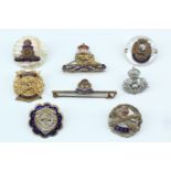 Eight various sweetheart brooches including Great War Machine Gun Corps and London Scottish