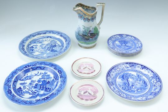 19th and early 20th Century ceramics, comprising a blue and white plate, 22.5 cm, and five side