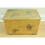 A brass bound coal box, baring repousse work fishing scenes, 53 x 33 x 32 cm
