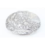 An Edwardian silver trinket box, its oval hinged lid relief-decorated in depiction of an 18th