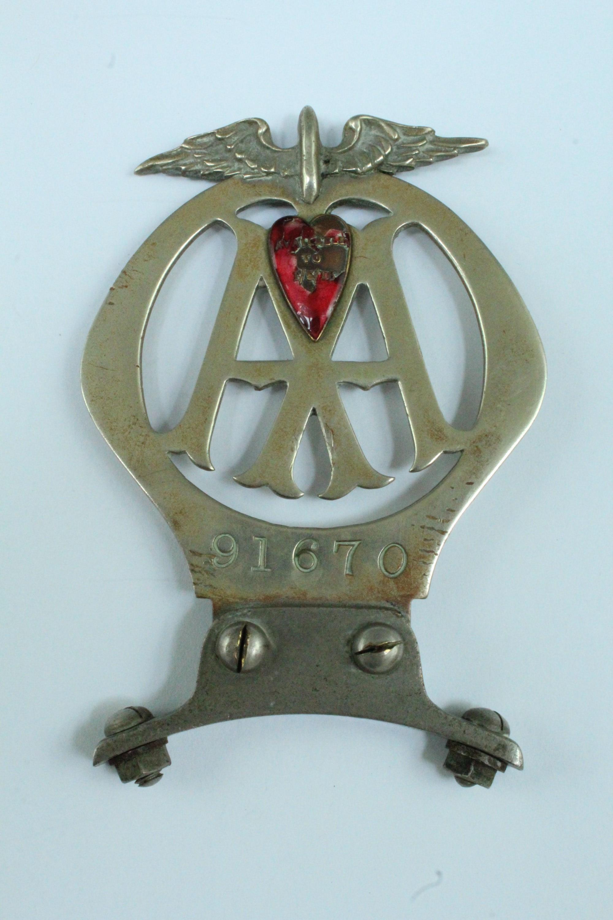 A 1916 AA car badge, number 91670, bearing an enamelled red heart subscription renewal token " - Image 2 of 2