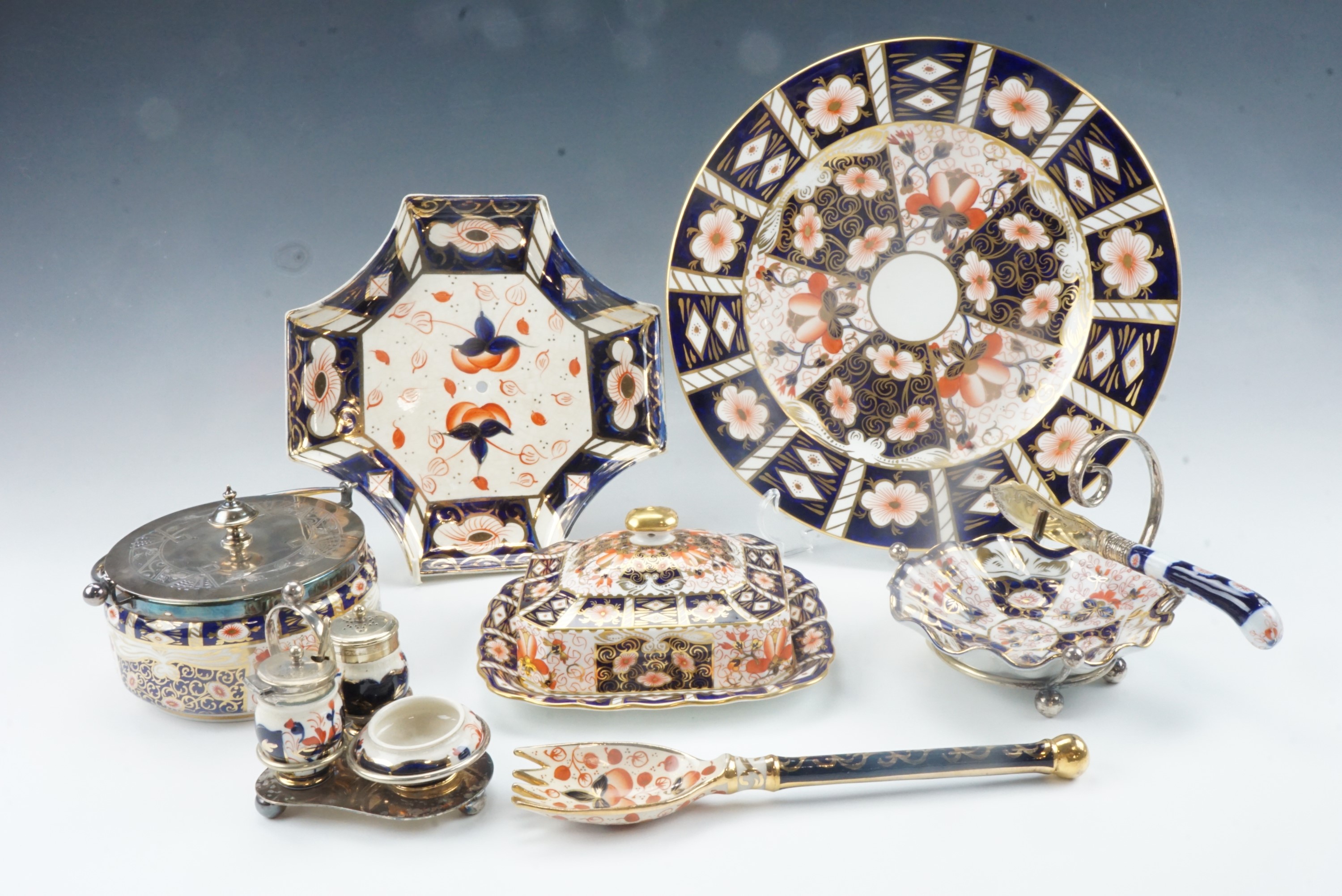 A Royal Crown Derby Imari pattern plate and lidded butter dish, together with a quantity of Imari