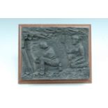 A late 20th Century coal resin relief sculpture depicting miners at a coal face, initialed AGP and