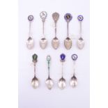 8 silver and enamelled silver souvenir teaspoons, relating to birds including "Foreign Bird League",