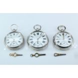 Three late 19th / early 20th Century silver-cased pocket watches having lever movements by the