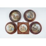 Five Victorian Pratt ware pot lids in frames, comprising "Uncle Toby", "The Times", "The
